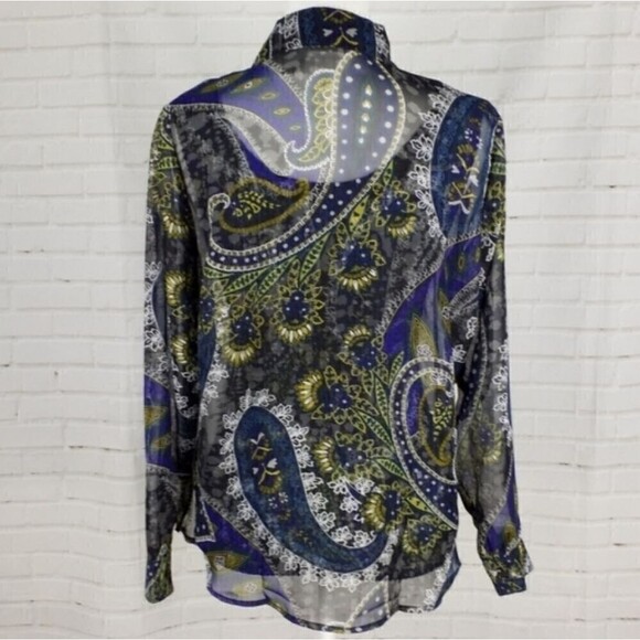Liz Baker Petite Sheer Blue Black Green Paisley Print Button Front Blouse - Picture 4 of 5